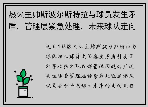 热火主帅斯波尔斯特拉与球员发生矛盾，管理层紧急处理，未来球队走向成谜