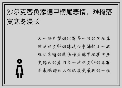 沙尔克客负添德甲榜尾悲情，难掩落寞寒冬漫长